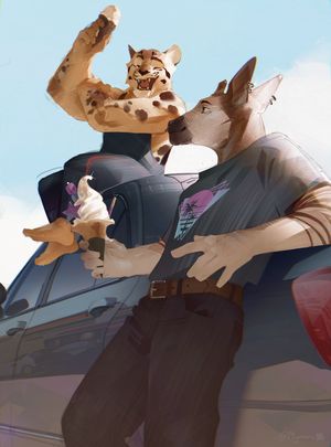 An anthro okapi leans against the back of a turquoise car. He has a soft-serve ice cream cone in his right hand and a tranquil expression on his face. To his right on the hood of the car, a short clouded leopard in a spandex bodysuit flexes his arm while holding an ice cream cone.
