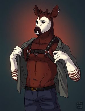 A male anthropomorphic okapi holds open his grey forest green button-down shirt to reveal that he's wearing a black leather harness. The harness is studded with metal. It crosses his upper chest and connects to shoulder and side straps with steel rings. His chest and abs are fairly well defined. He looks at the viewer, lips parted in a confident smirk. He has two steel rings in each of his ears and one larger ring through his septum. He's wearing dark blue jeans and a black belt.
