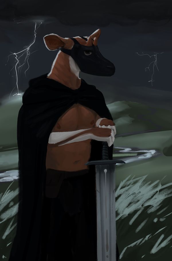 Anthro okapi holding an executioner's sword in a dark stormy landscape; wearing a black mask, cape, and trousers.
