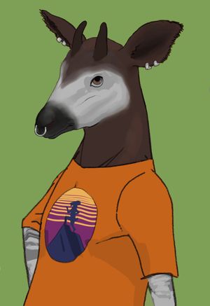 Anthro okapi in an orange t-shirt.