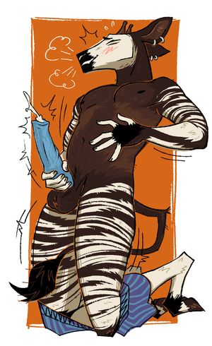 Nude anthro okapi holding his penis and ejaculating.