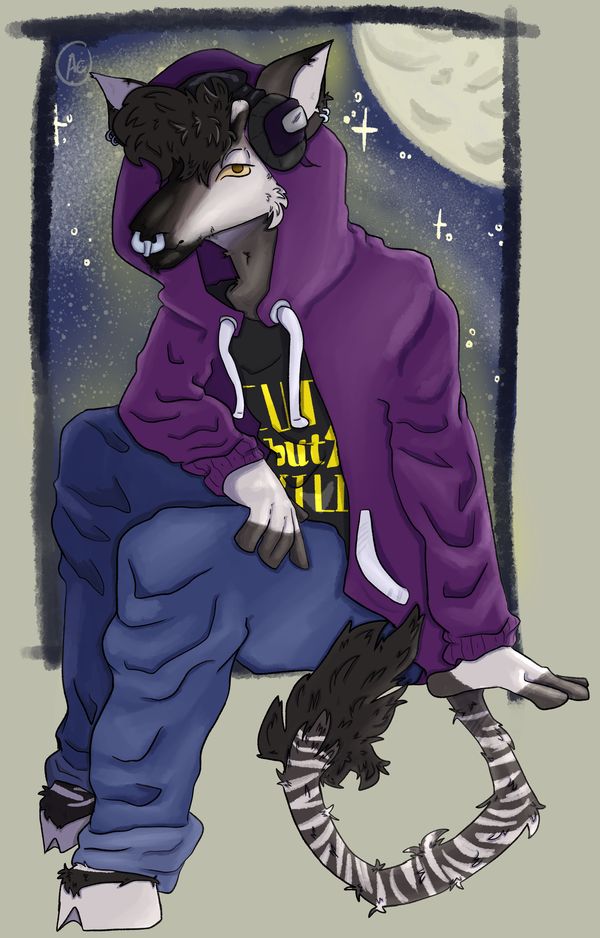 Anthro okapi in a purple hoodie, black t-shirt, and baggy jeans against a starry sky.
