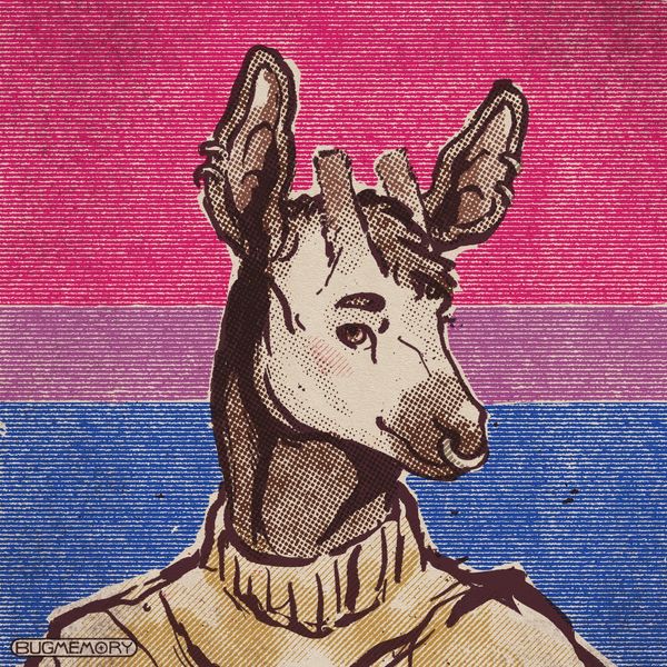 A halftoned print of an okapi with a bisexual pride flag in the background.
