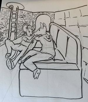 Anthro okapi and mouse in an underground sewer tunnel, reclining, the mouse on the ground and the okapi on a couch.
