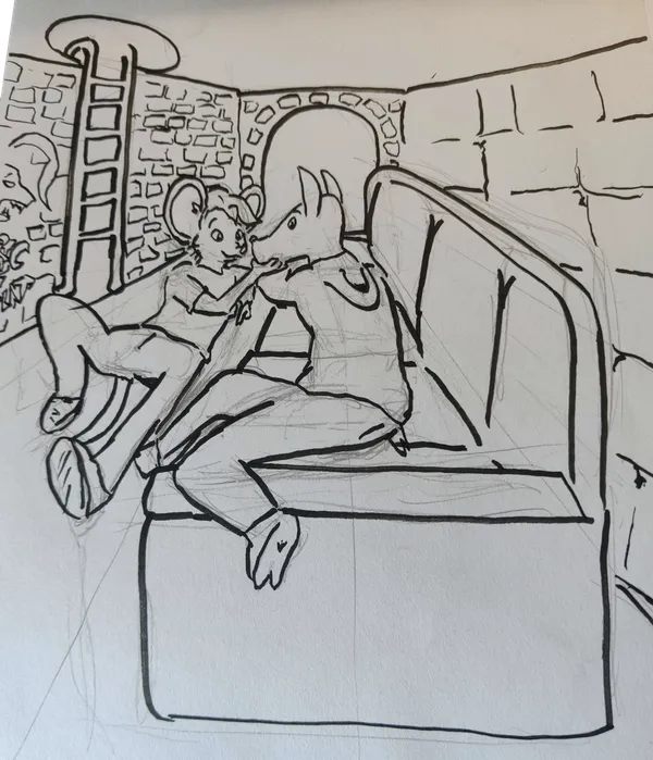Anthro okapi and mouse in an underground sewer tunnel, reclining, the mouse on the ground and the okapi on a couch.

