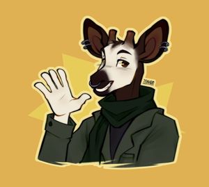 Anthro okapi, wearing a green scarf and coat, waving to the viewer
